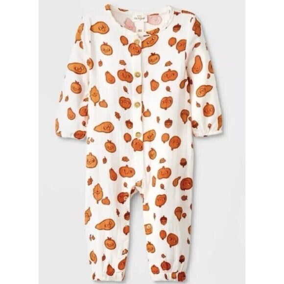 Cat & Jack Fall Autumn Cream Long Sleeve Romper Pumpkins Acorns NWT 6-9 Months - Picture 1 of 6